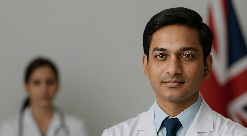 Indian doctor in lab coat representing dermatology course opportunities in the UK for Indian doctors.