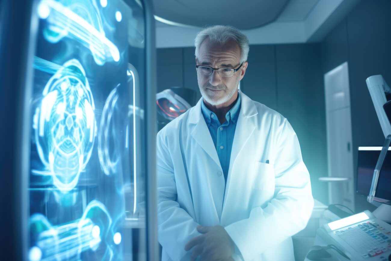 Modern radiologist using advanced imaging tools like PACS, AI software, and 3D visualisation systems in a clinical setting.
