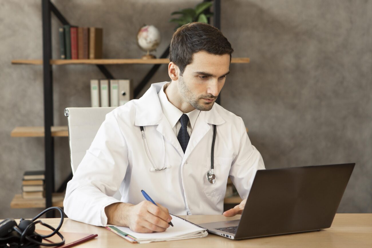 Doctor studying cardiology online for global certification and licensing preparation