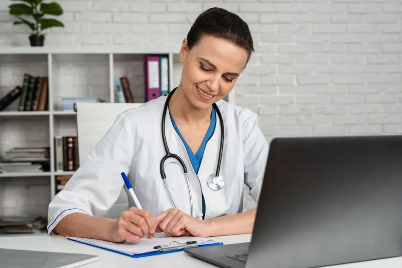Doctor studying a medical course online while continuing clinical practice