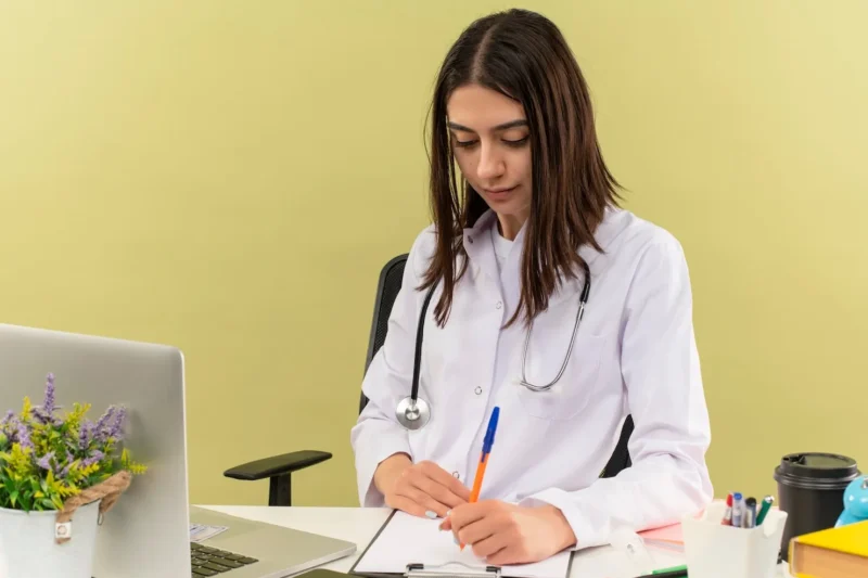 Doctor reviewing obstetrics and gynaecology guidelines for Royal College exam preparation