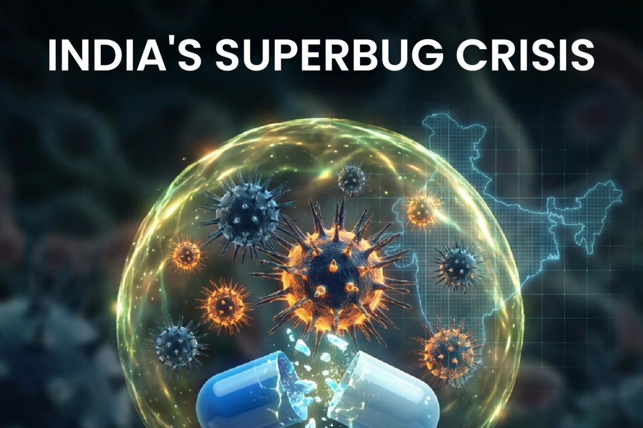 A graphic titled "INDIA'S SUPERBUG CRISIS" showing a shielded virus shattering a pill, set against a map of India.
