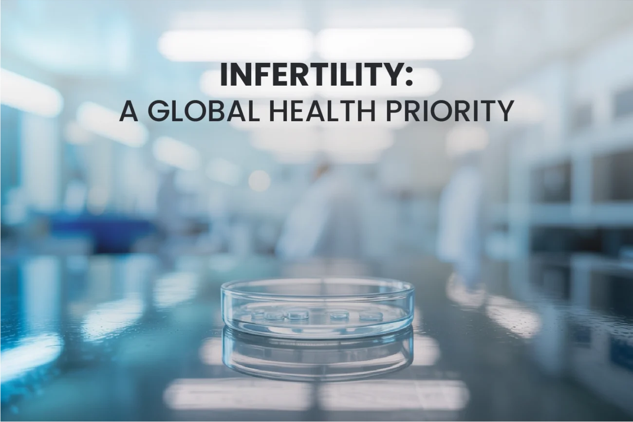 Graphic titled "INFERTILITY: A GLOBAL HEALTH PRIORITY" focusing on a clear glass petri dish on a table in a blurred laboratory setting.